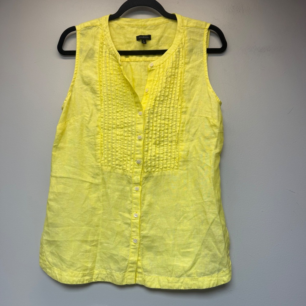 Talbots Sleeveless Top Womens S Yellow Excellent Linen Pleated Bib‎ Button Down